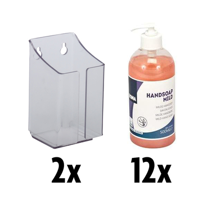 210108: Hygiënepakket 4: 2 x wandhouder voor fles met pomp + 12 x 500 ml Handsoap Mild